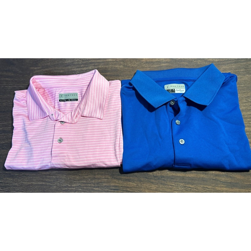 Lot Of 2-PGA Tour Mens Size L Performance Golf Polo Shirt 1 Blue And 1 Pink